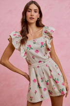 Floral Ruffle Cutout Denim Romper -