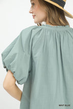 Lace Inset Puff Sleeve Blouse -
