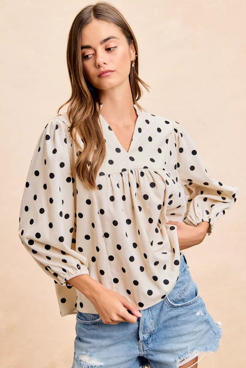 Polka Dot V Neck Blouse -