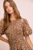 Leopard Smocked Puff Sleeve Mini Dress -