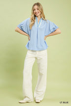 Textured Contrast Trim V-Neck Blouse -
