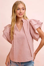 Striped Twill Ruffle Sleeve Blouse - RED