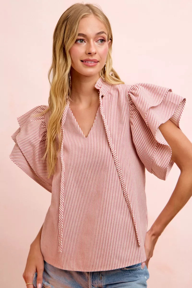 Striped Twill Ruffle Sleeve Blouse - RED
