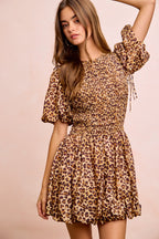 Leopard Smocked Puff Sleeve Mini Dress -
