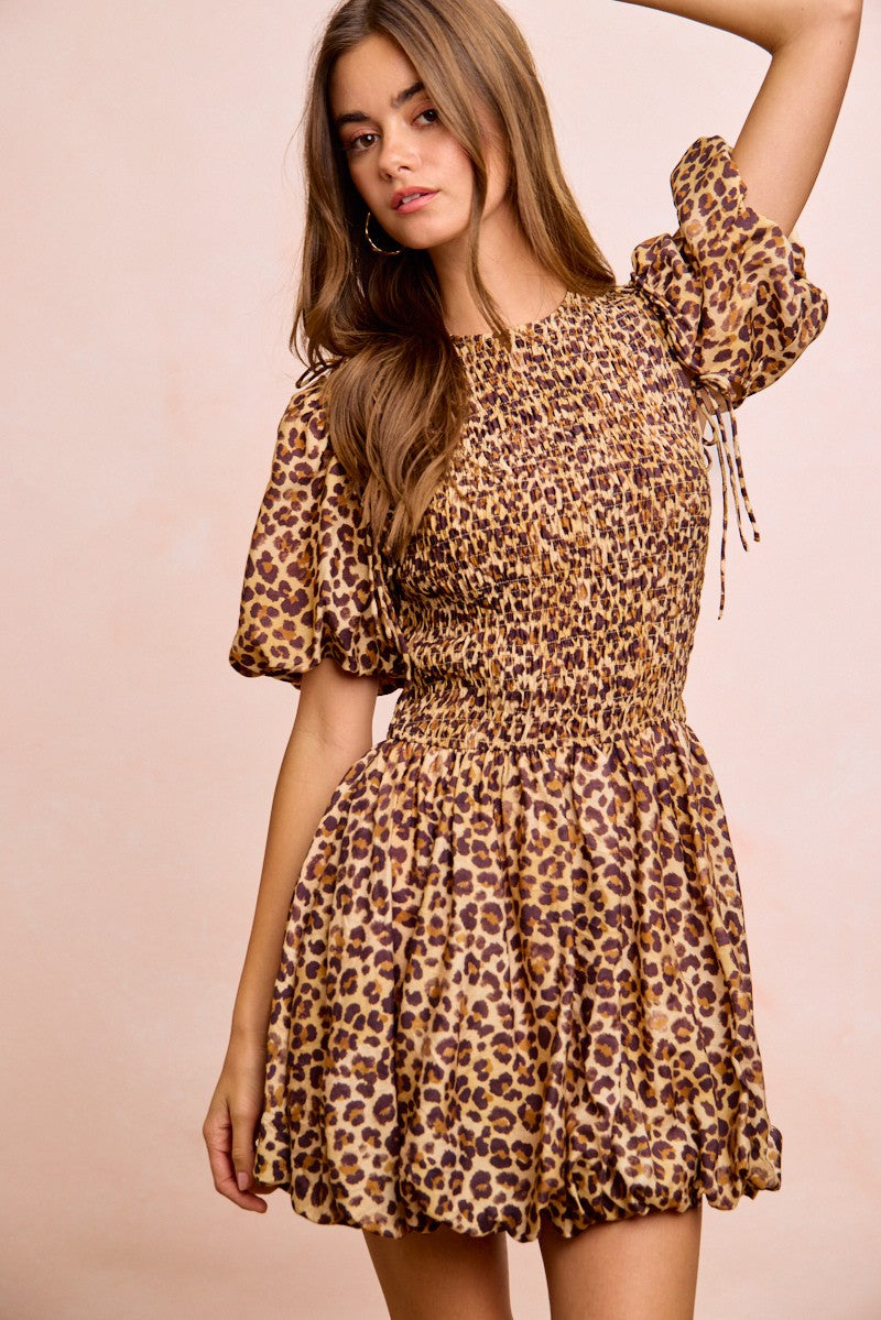 Leopard Smocked Puff Sleeve Mini Dress -