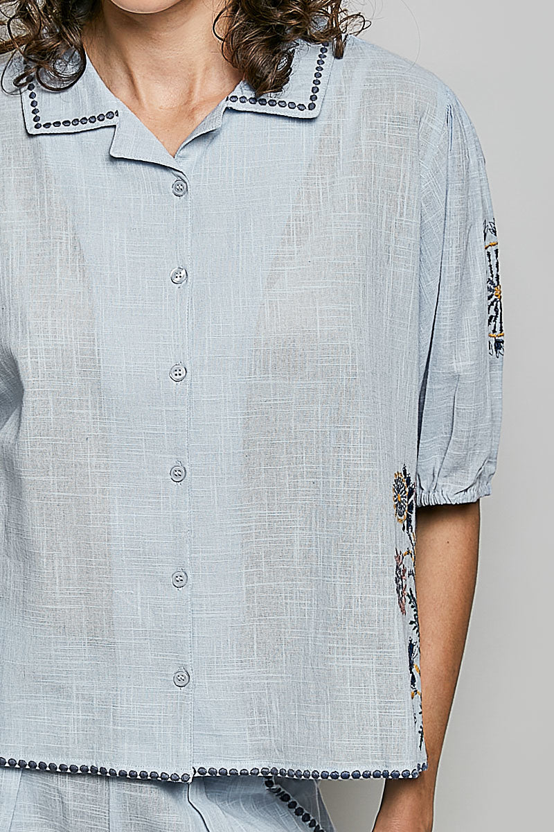Embroidered Floral Button Down Shirt -