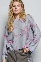 Butterfly Print Ribbed Knit Top - HEATHER GREY