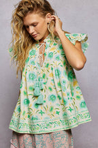 Floral Tassel Tie Flutter Blouse - MINT MULTI