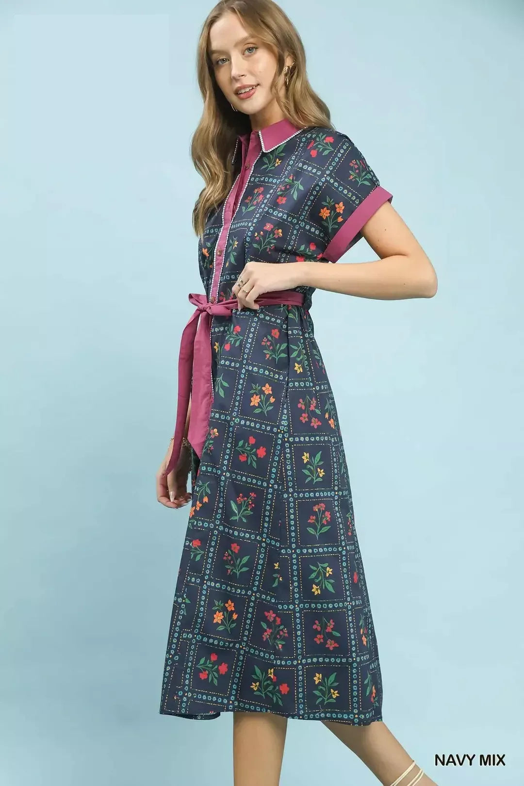Mixed Floral Button Front Midi Dress -