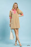 Embroidered Contrast Trim Tunic Dress - LATTE