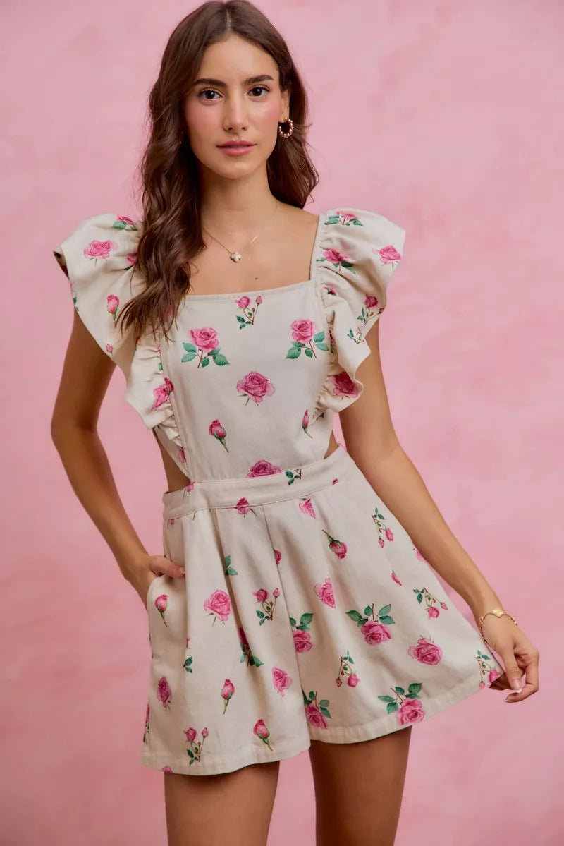 Floral Ruffle Cutout Denim Romper Secondary image