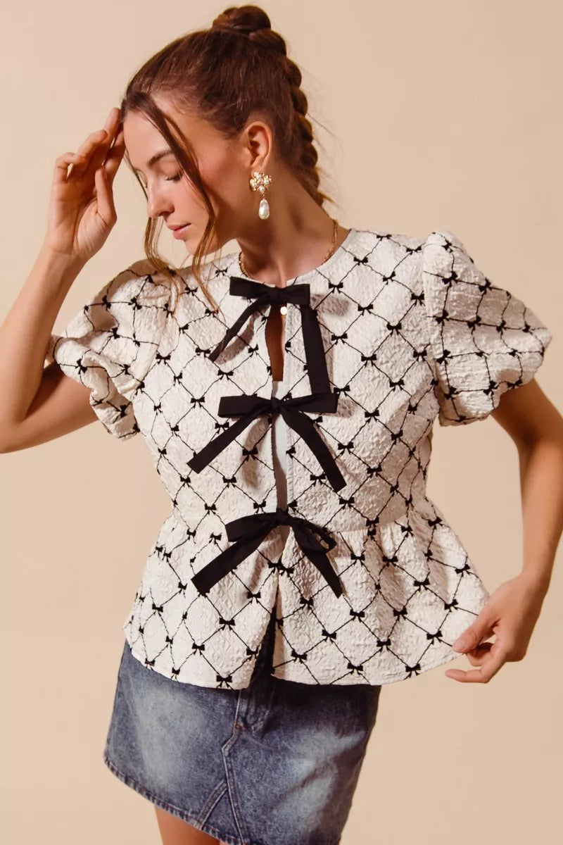 Contrast Bow Textured Peplum Top - IVORY