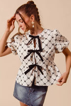 Contrast Bow Textured Peplum Top - IVORY