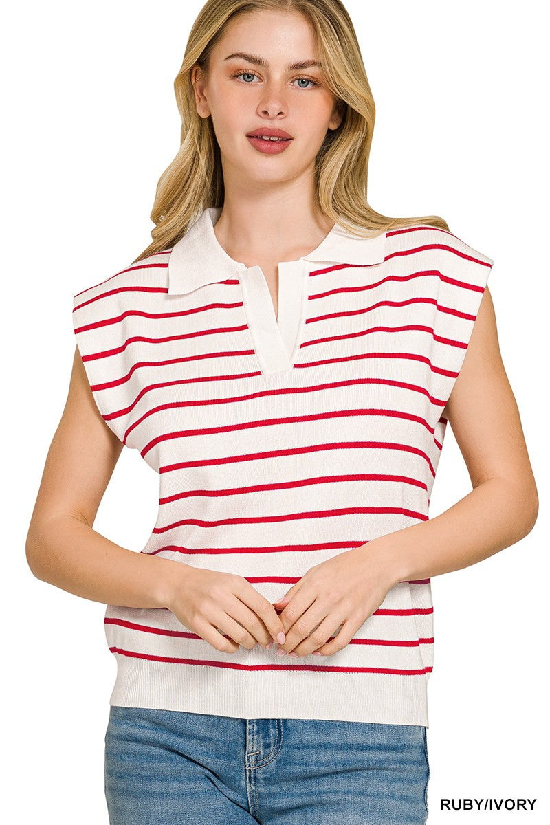 Striped Collared Knit Sweater Vest - RUBY IVORY Main image