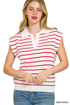 Striped Collared Knit Sweater Vest - RUBY IVORY