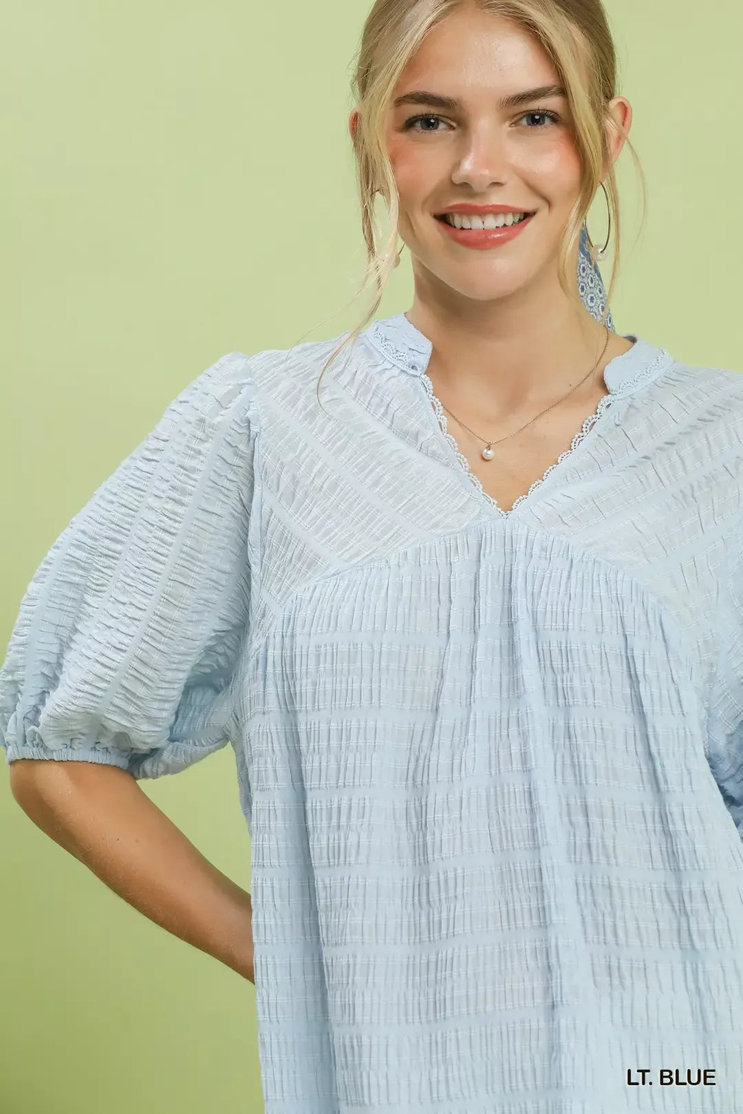 Textured Puff Sleeve Babydoll Blouse -