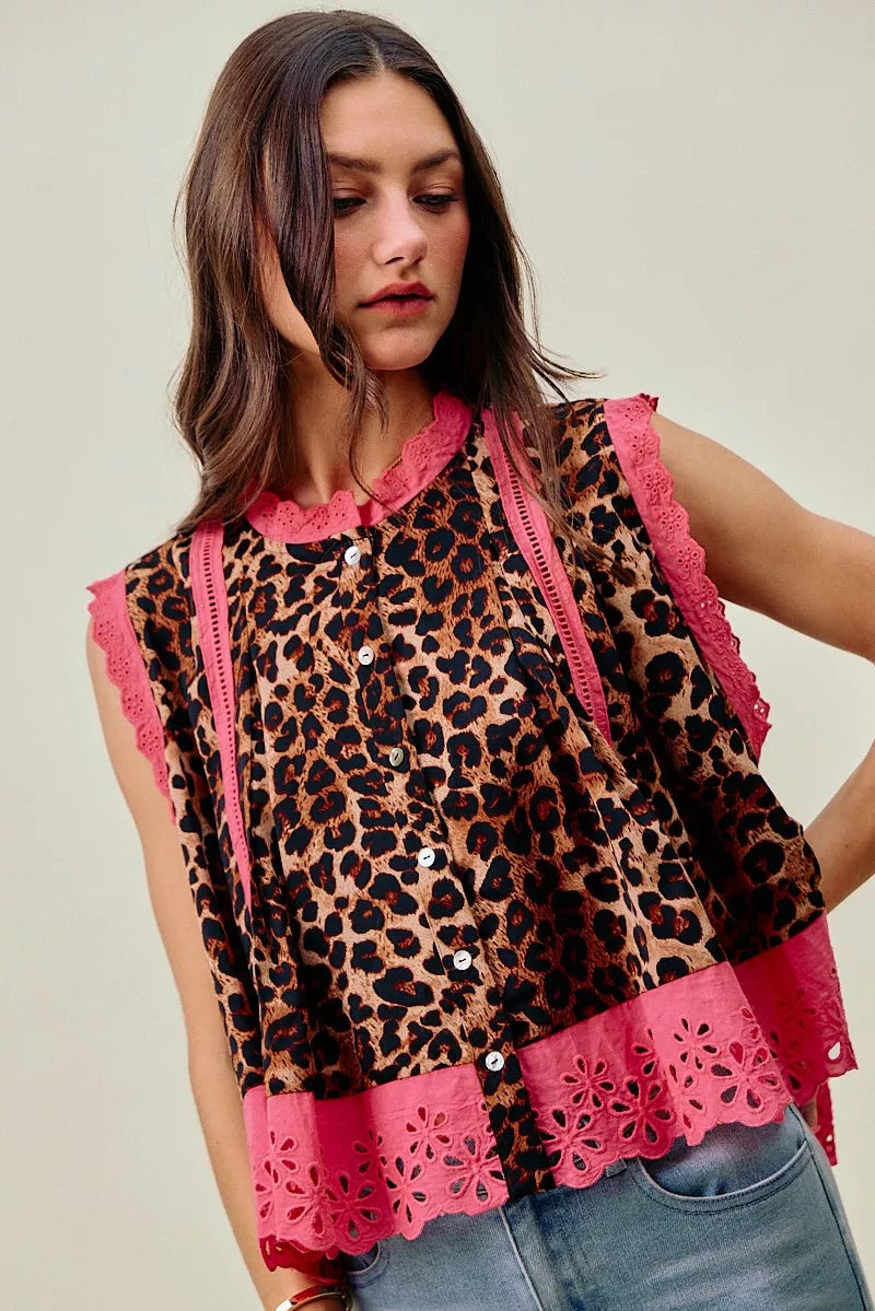 Leopard Pleated Sleeveless Blouse - LEOPARD PINK Main image