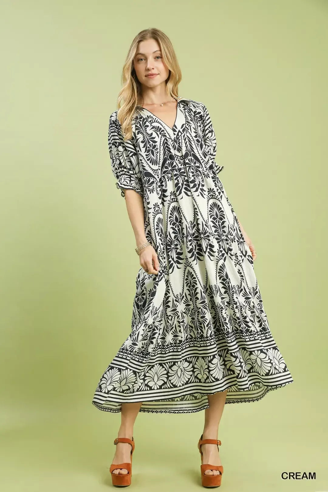 Border Print Flutter Sleeve Midi Dress - CREAM