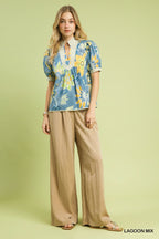 Mixed Abstract Puff Sleeve Blouse -