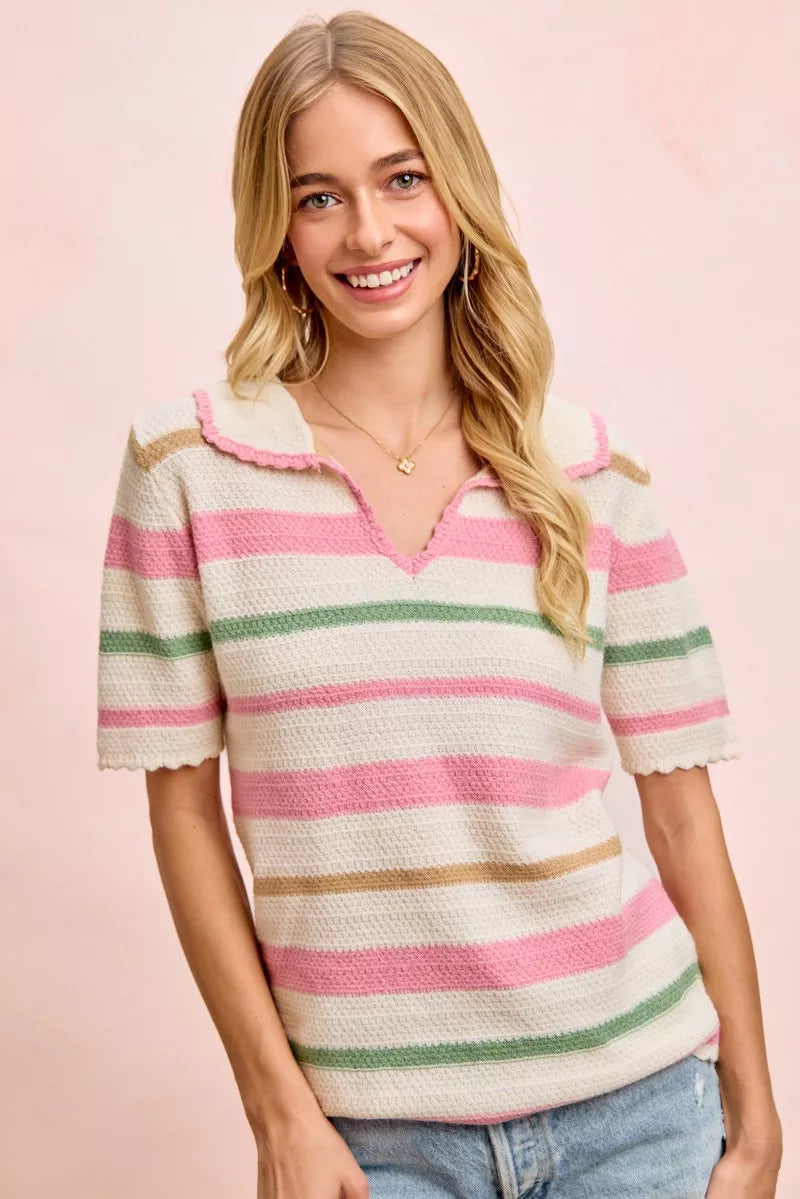 Striped Collared Multi Color Knit Top - CREAM PINK
