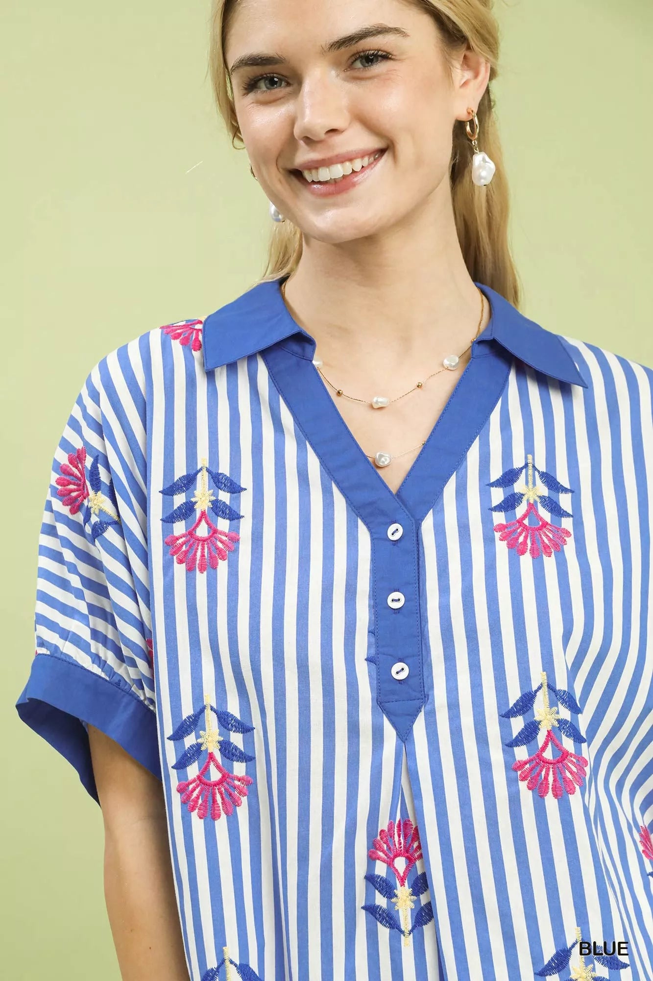 Striped Embroidered Button Front Boho Blouse -
