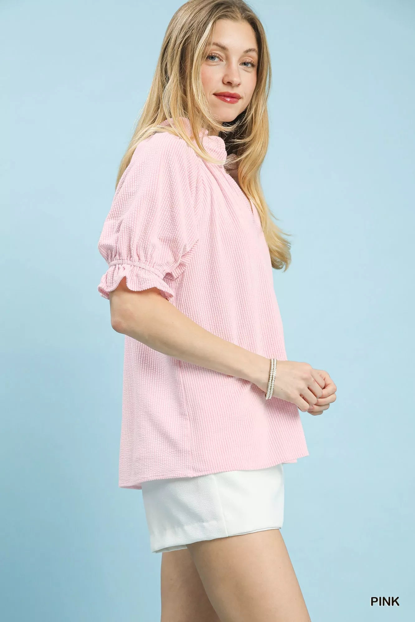 Textured Ruffle Sleeve V Neck Blouse -