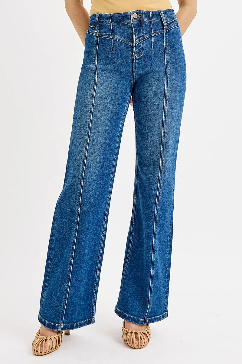 Seam Detail Wide Leg Denim Jeans -