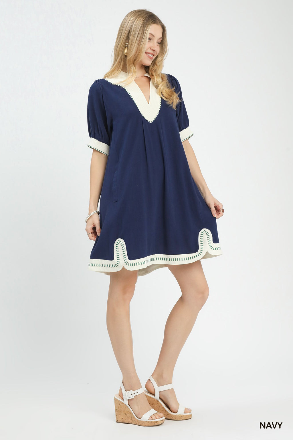 Contrast Trim Linen Mini Dress - NAVY