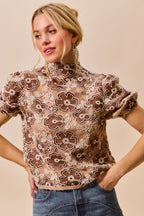 Textured Floral Mesh Puff Top -