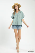 Lace Inset Puff Sleeve Blouse -