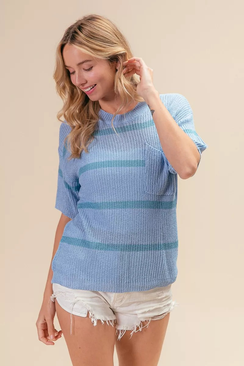 Patch Pocket Striped Lightweight Sweater -