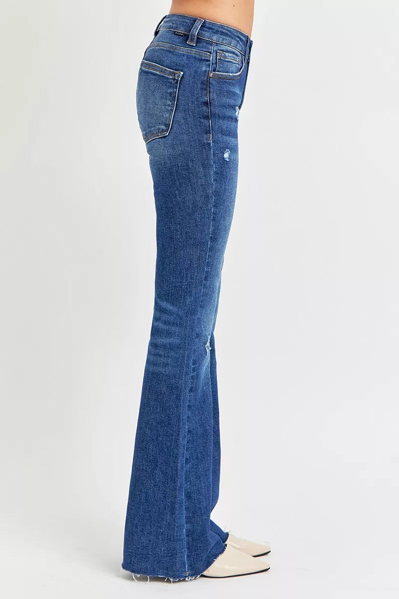Distressed Mid Rise Flare Leg Jeans -