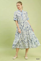 Tiered Floral Midi Dress - BLUE