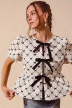 Contrast Bow Textured Peplum Top -