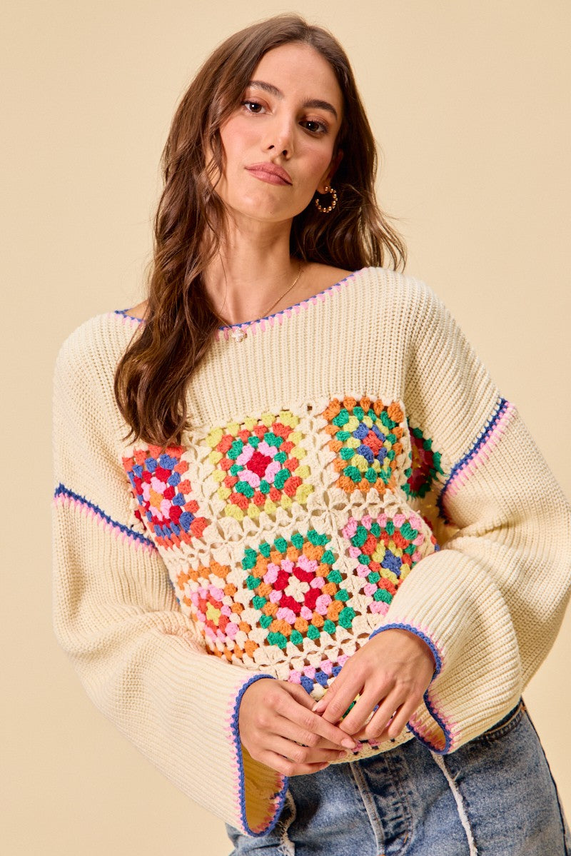 Crochet Patchwork Sweater Top - CREAM COMBO