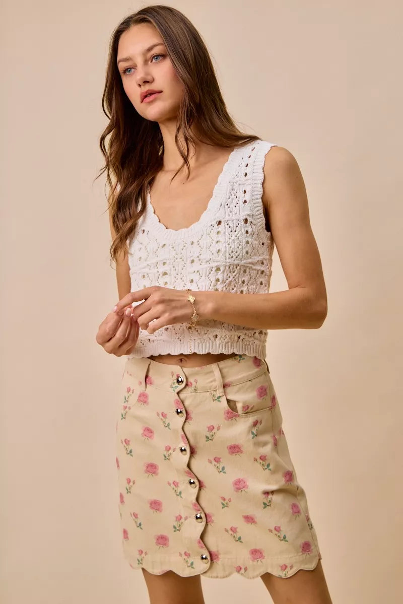 Rose Print Scallop Mini Skirt -