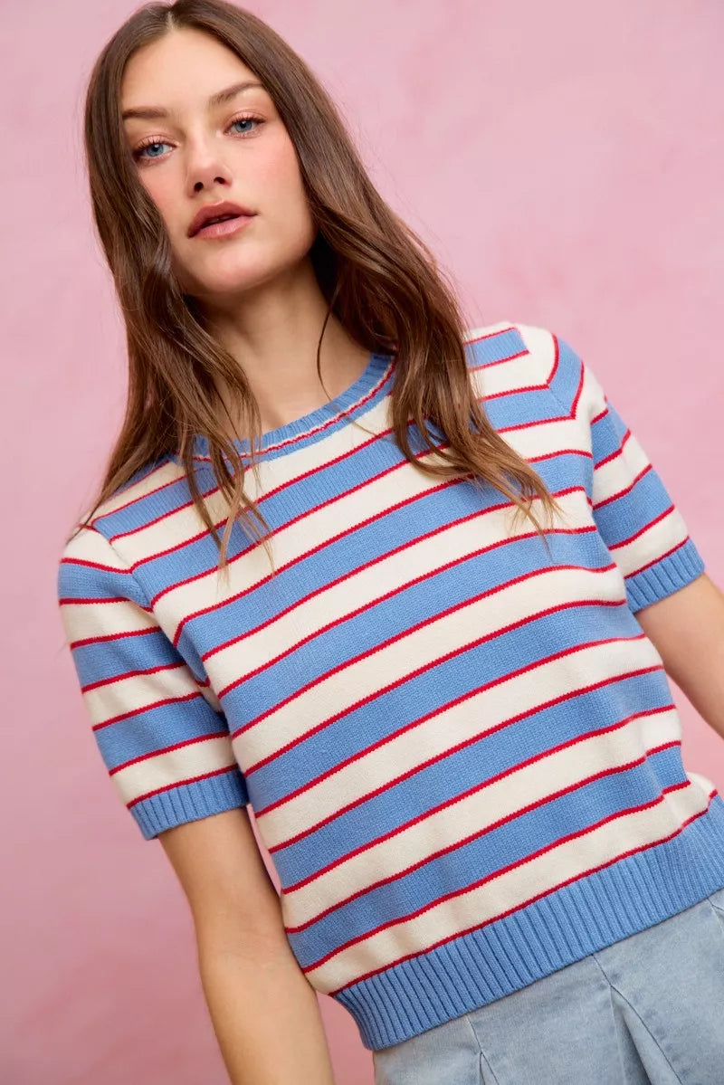 Striped Short Sleeve Knit Sweater -