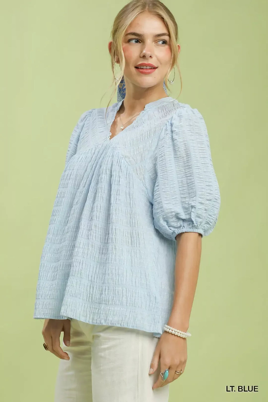 Textured Puff Sleeve Babydoll Blouse -
