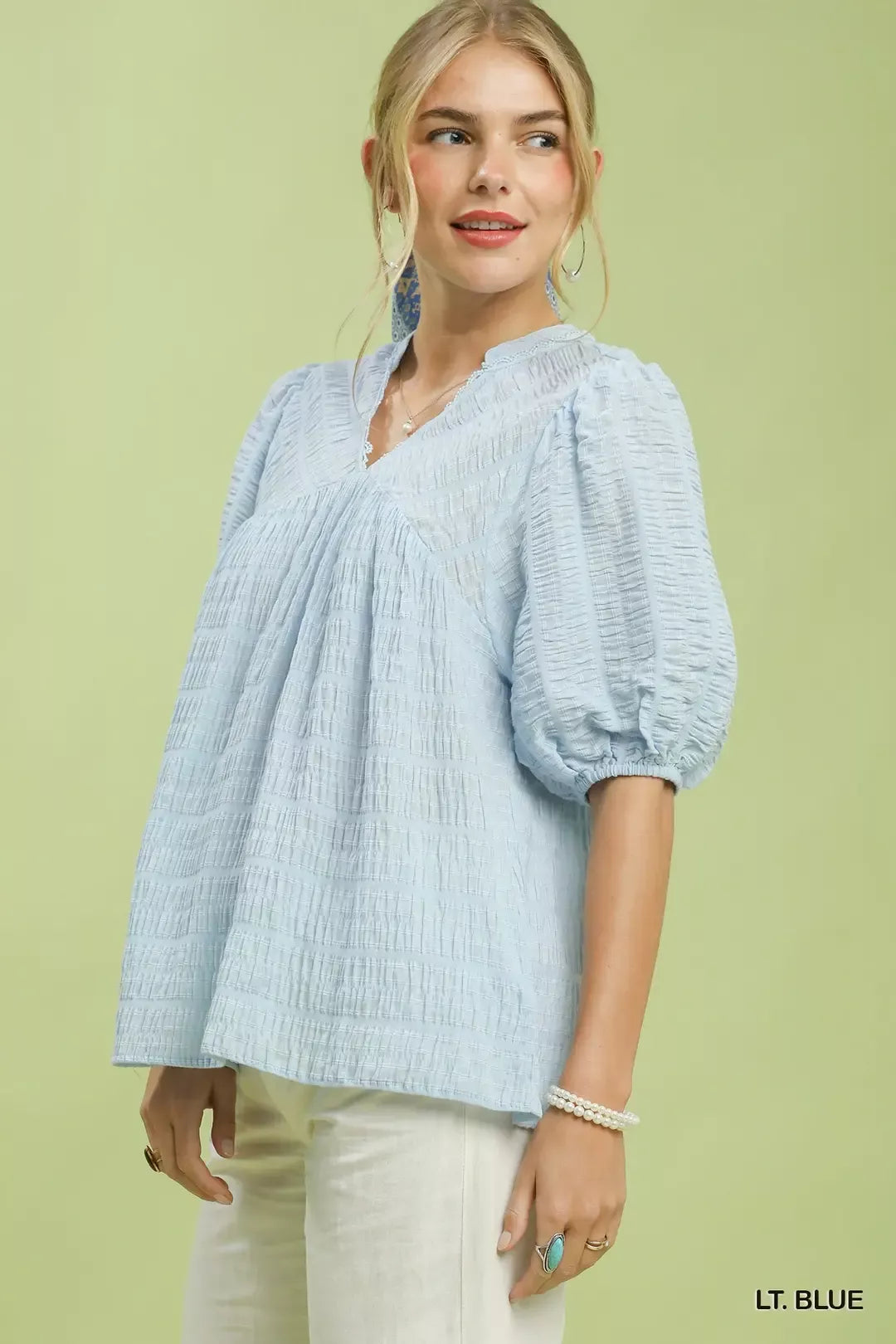 Textured Puff Sleeve Babydoll Blouse -