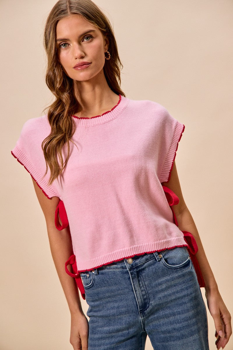 Side Ribbon Dolman Sweater Top - BLUSH RED