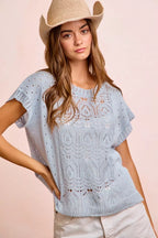Pointelle Short Sleeve Knit Sweater -