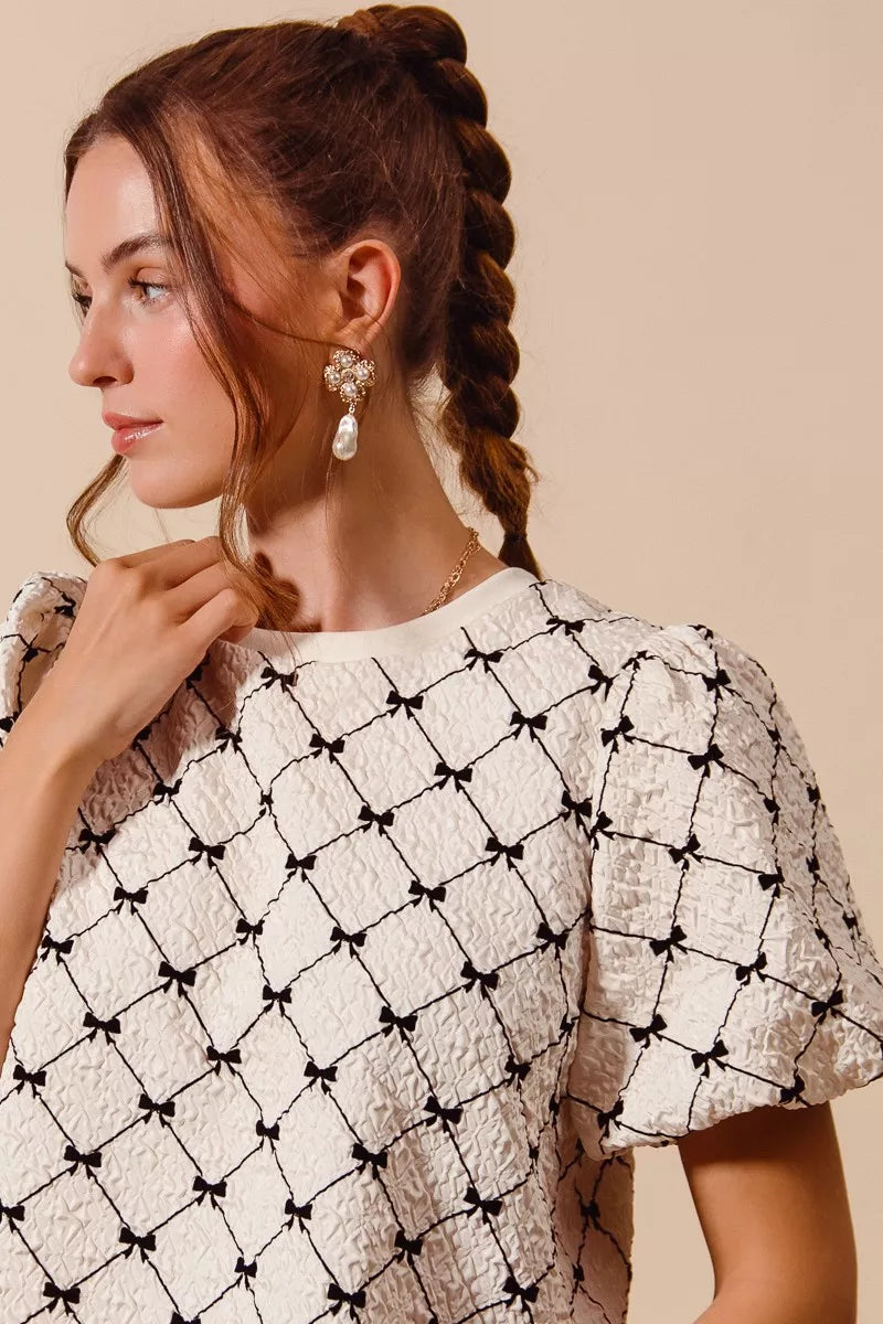 Textured Bubble Sleeve Woven Top -