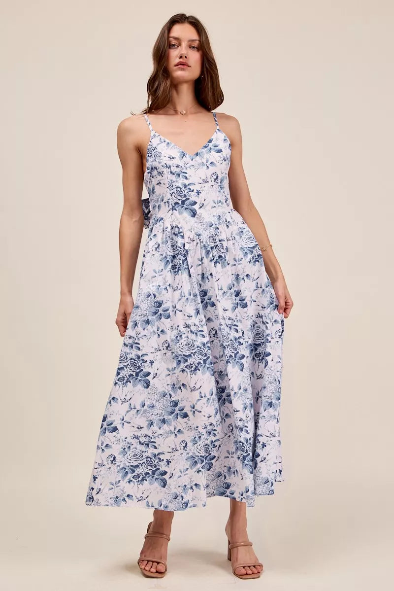 Floral Tie Back Midi Dress - BLUECOMBO