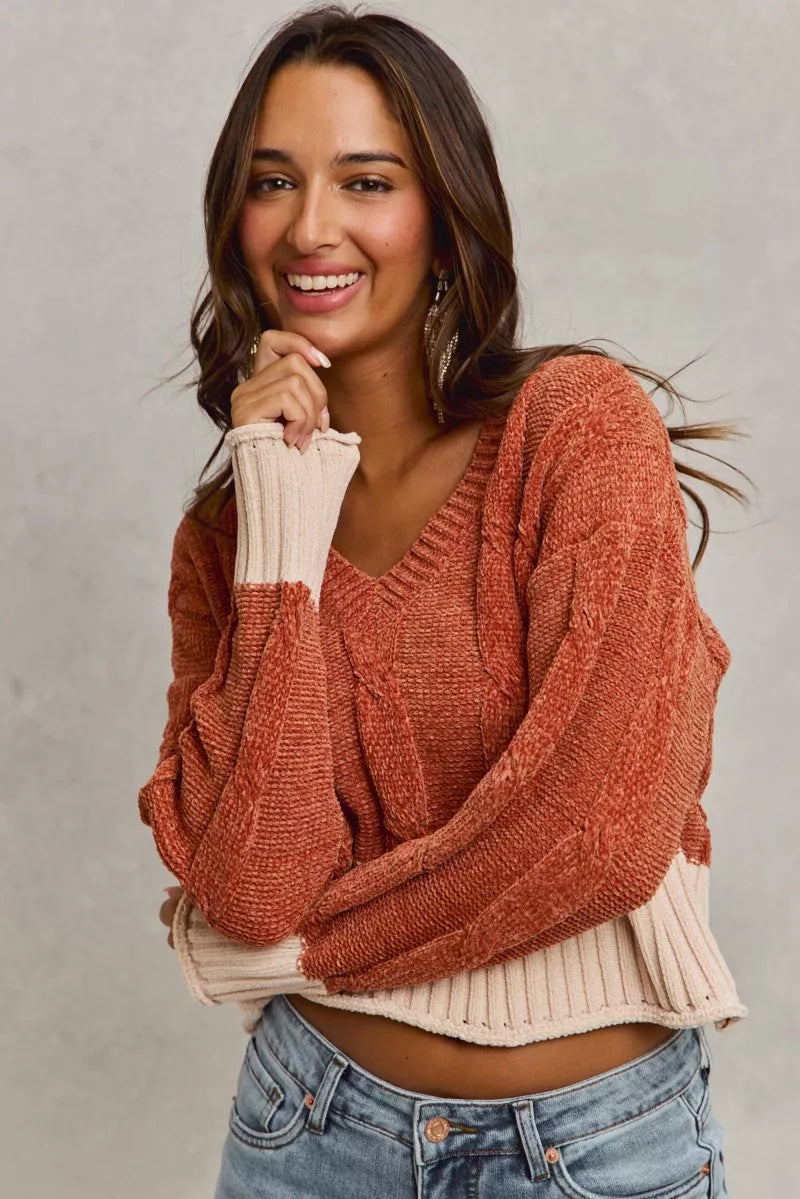 Chenille Cable Knit V Neck Sweater -