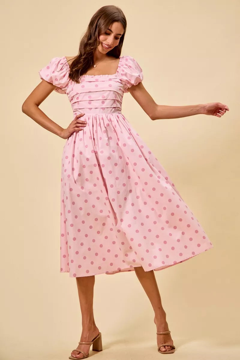 Polka Dot Puff Sleeve Midi Dress -