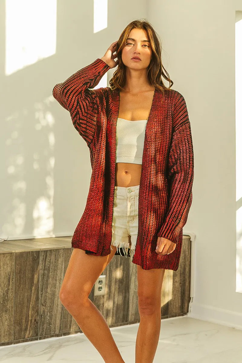 Metallic Knit Open Front Cardigan -