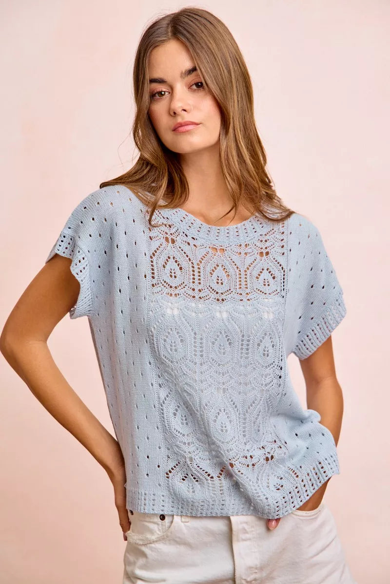 Pointelle Short Sleeve Knit Sweater - Washed Ice Blue Main image