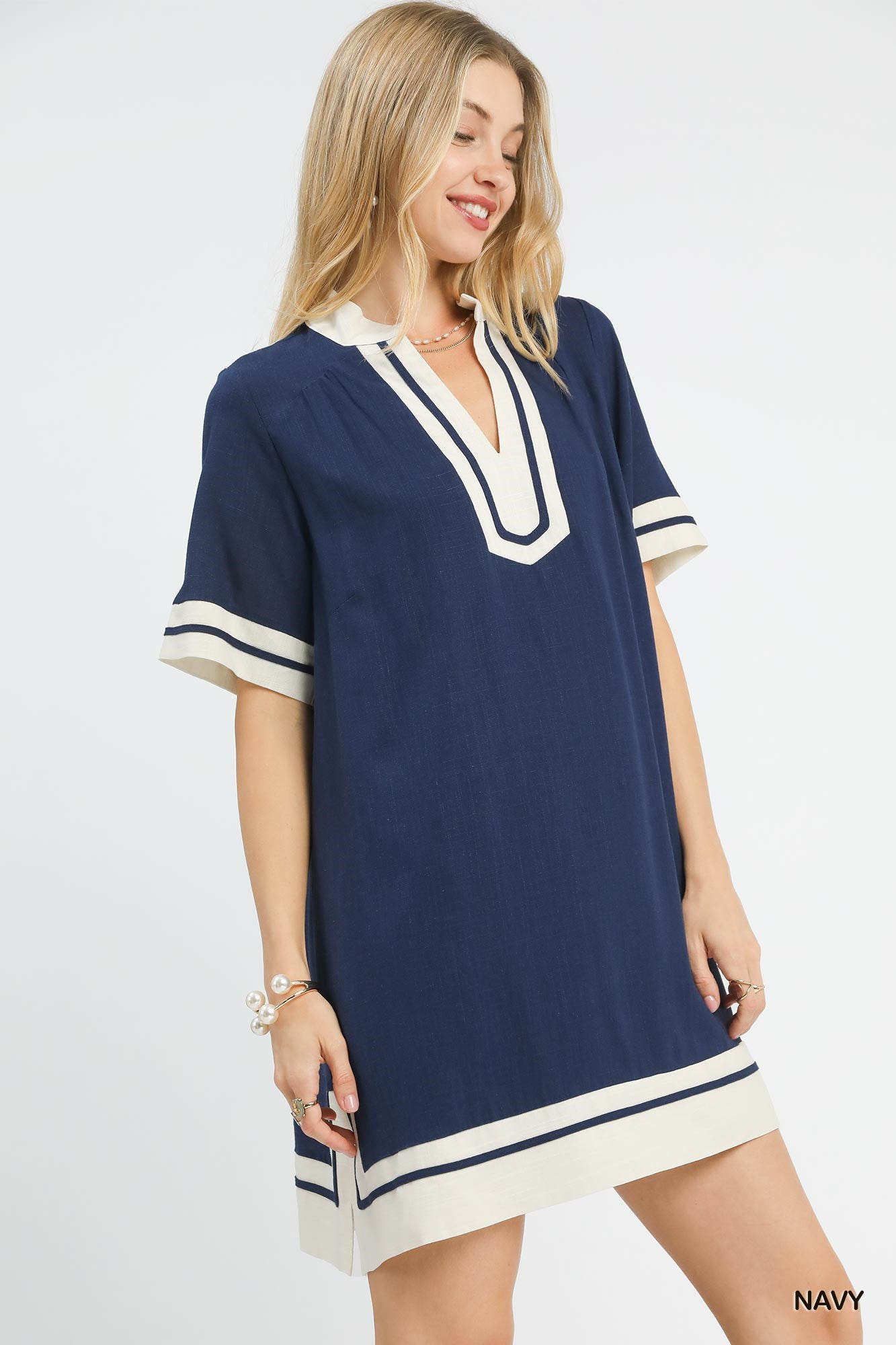 Contrast Trim Linen Split Neck Mini Dress -