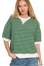 Striped Short Sleeve Rib Sweatshirt - DK GREEN
