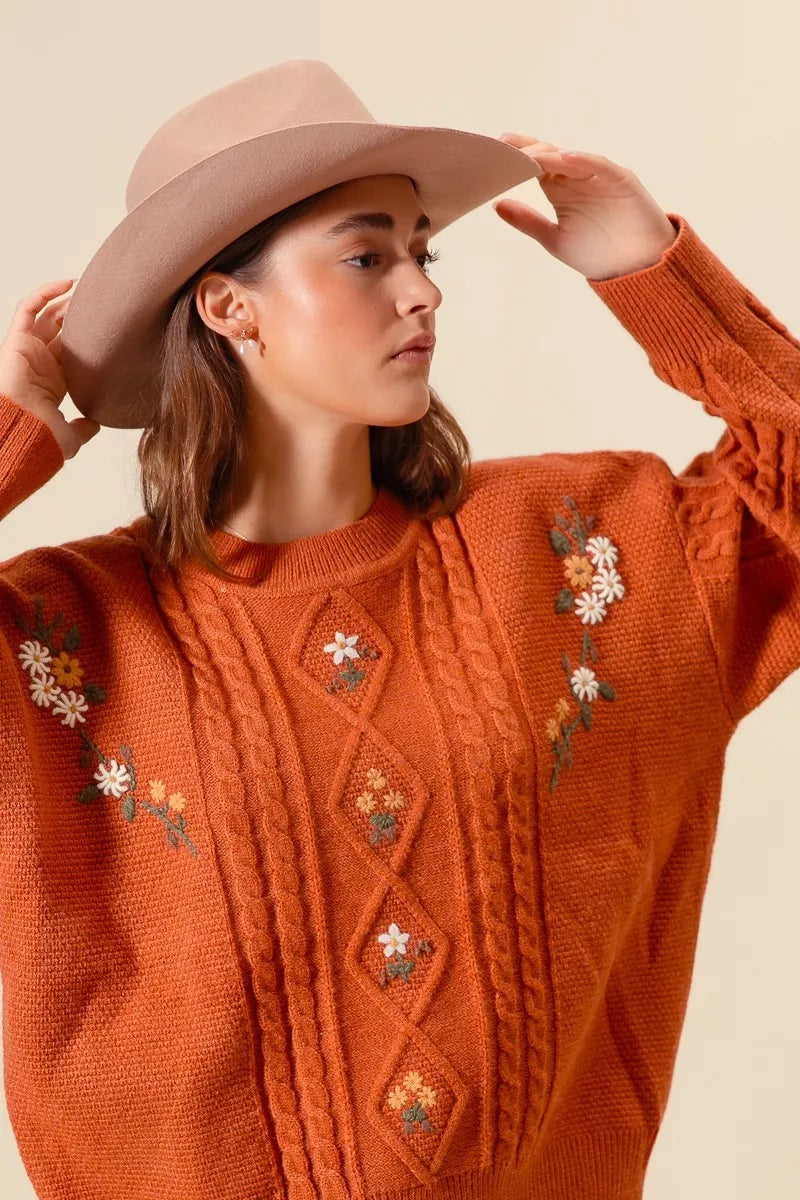 Embroidered Flower Cable Knit Cozy Sweater Secondary image